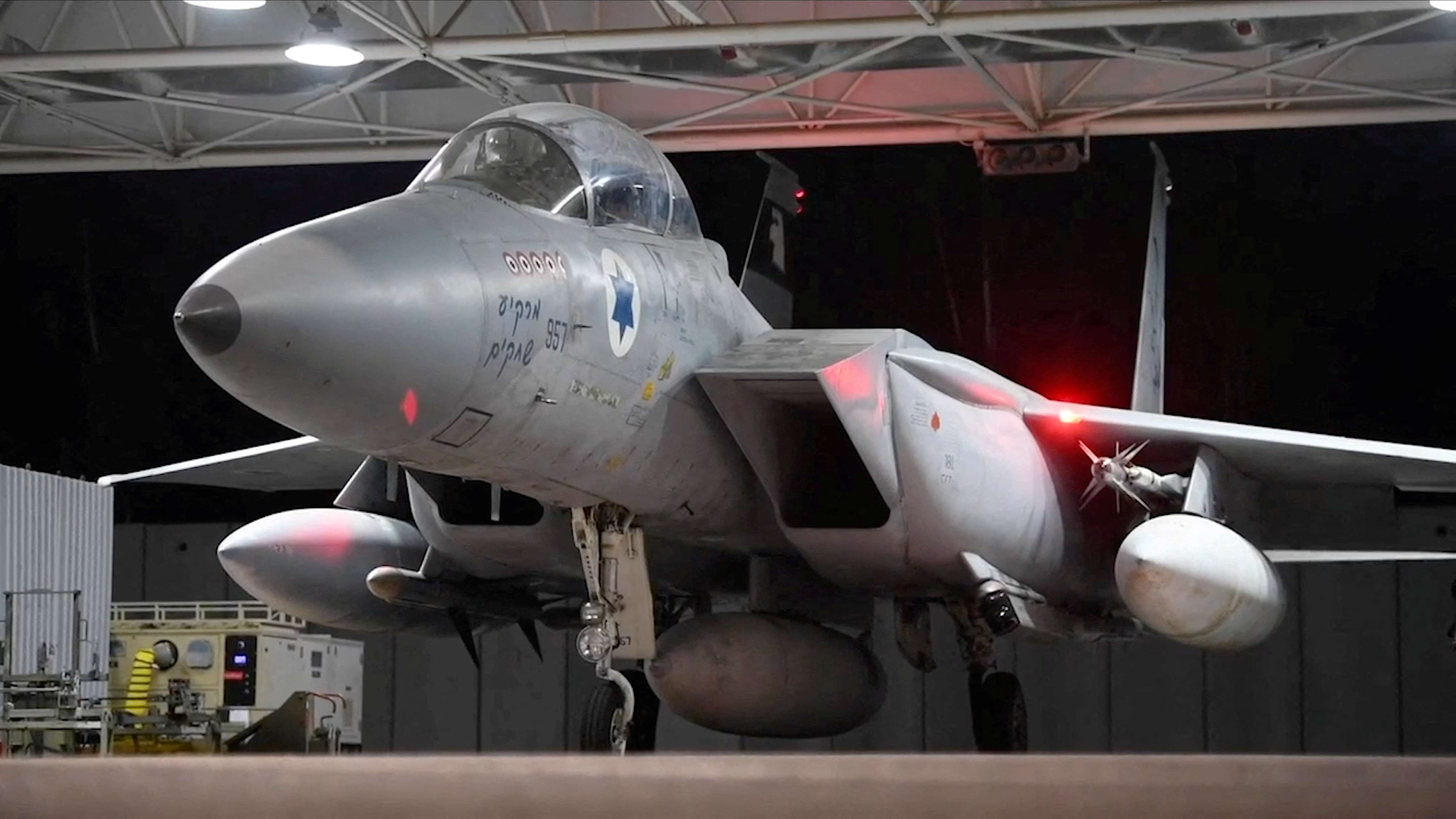 A screengrab shows an Air Force plane, which the Israeli army says is departing to carry out strikes on Iran