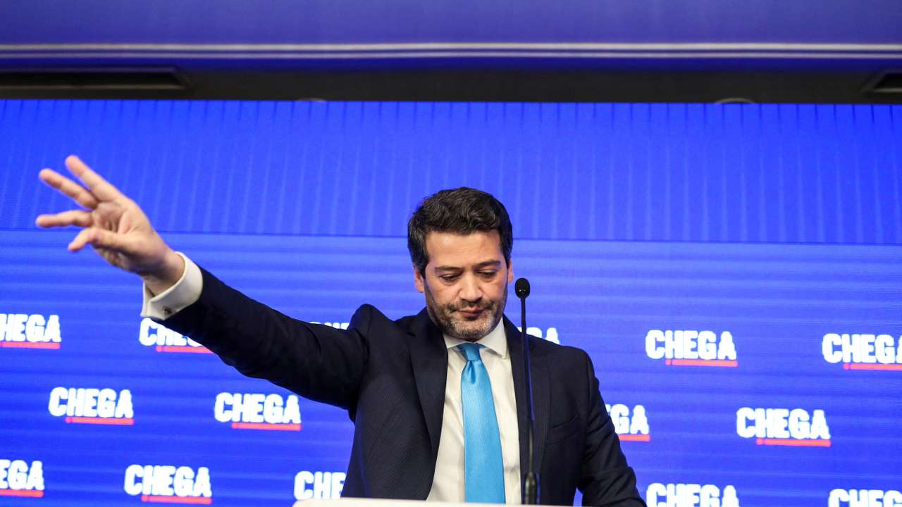 FILE PHOTO: Andre Ventura, leader of the far right political party Chega, reacts following the results from a general election