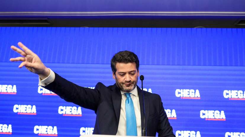 FILE PHOTO: Andre Ventura, leader of the far right political party Chega, reacts following the results from a general election