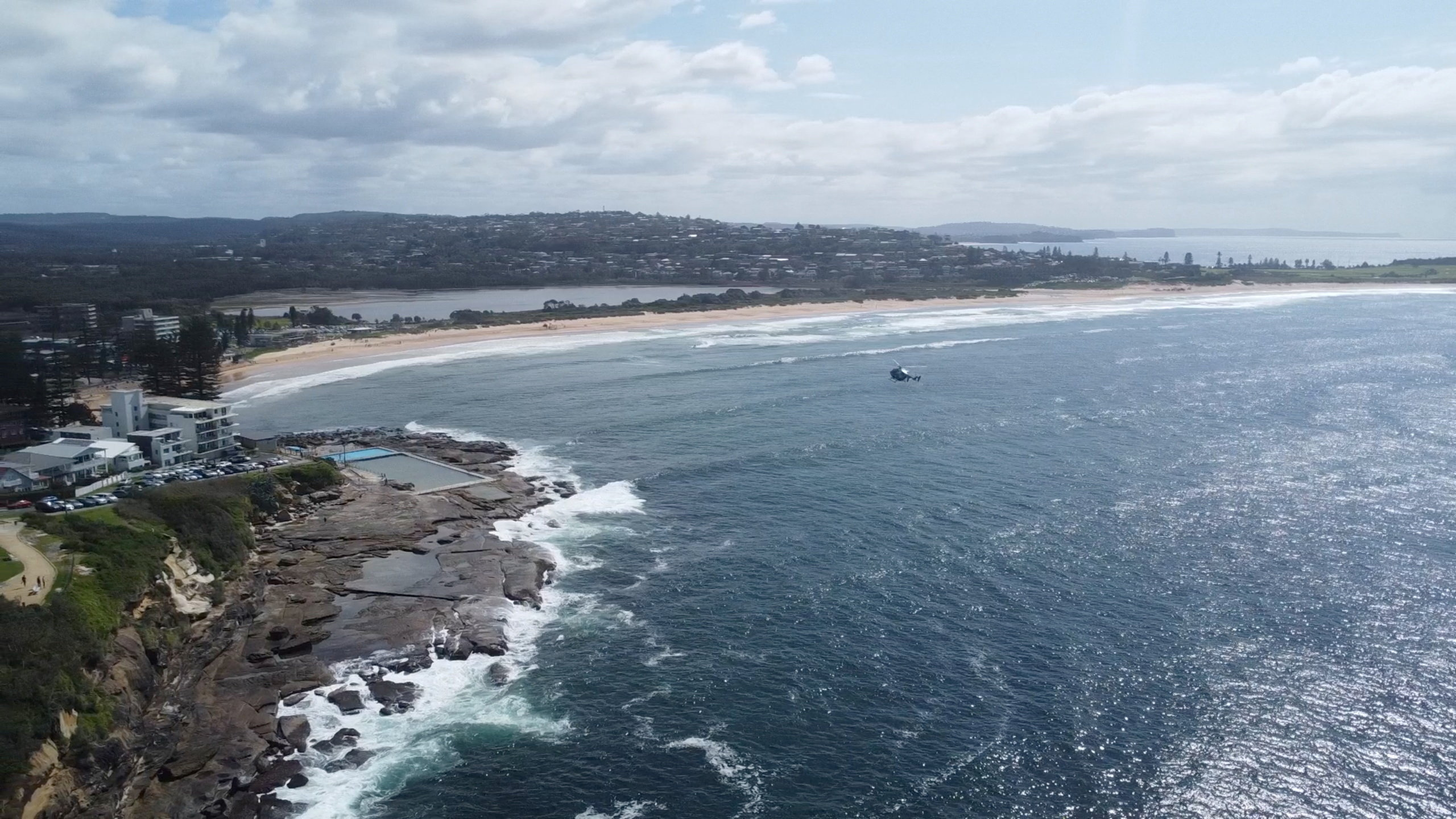 A drone view of Long Reef Beach, following an incident where a surfer died after being attacked by a large shark