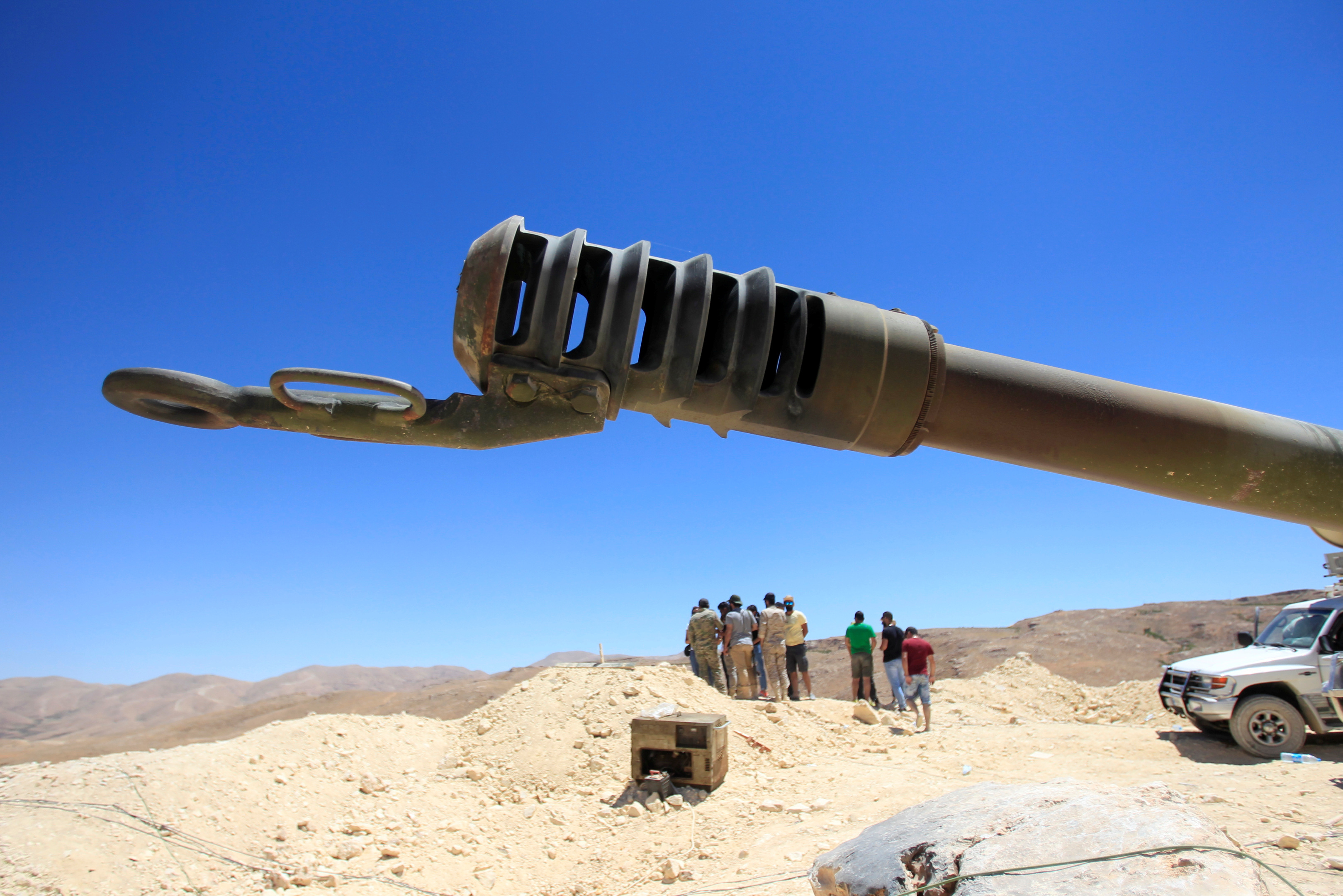 Hezbollah artillery gun is seen in Jroud Arsal