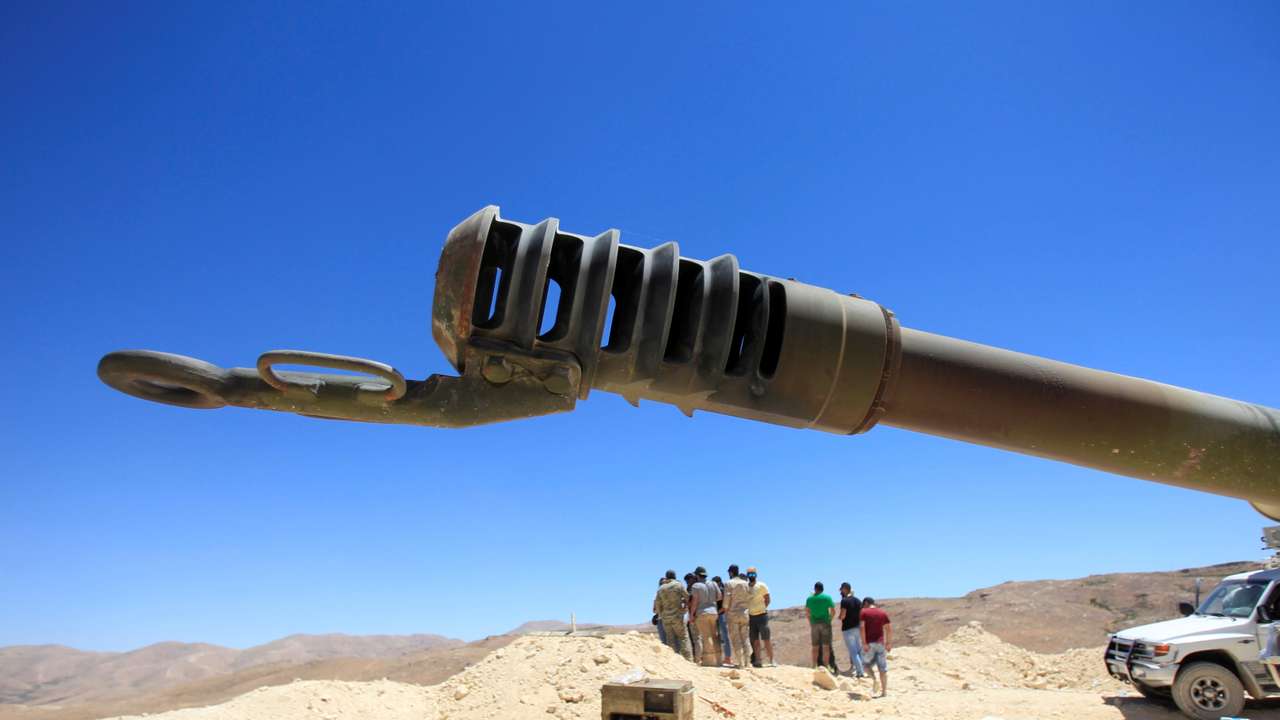 Hezbollah artillery gun is seen in Jroud Arsal