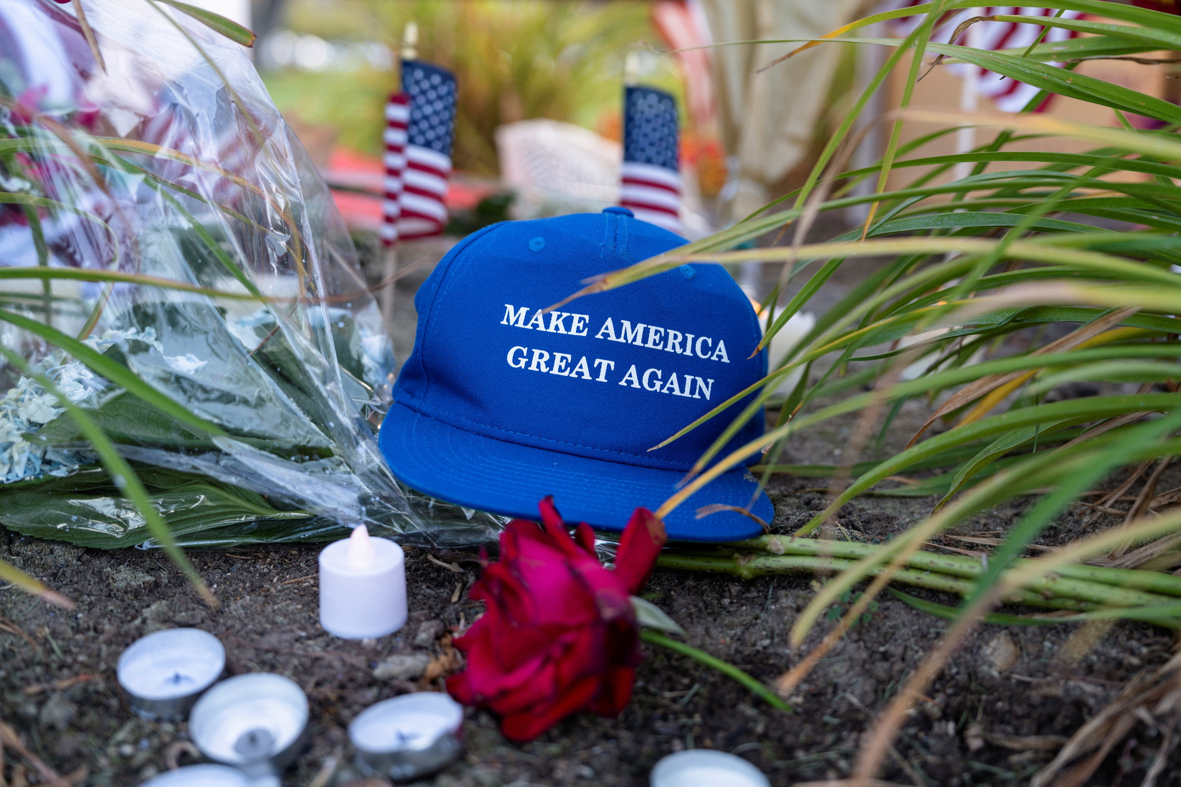 Makeshift memorial for U.S. right-wing activist Charlie Kirk outside of Timpanogos Regional Hospital, in Orem