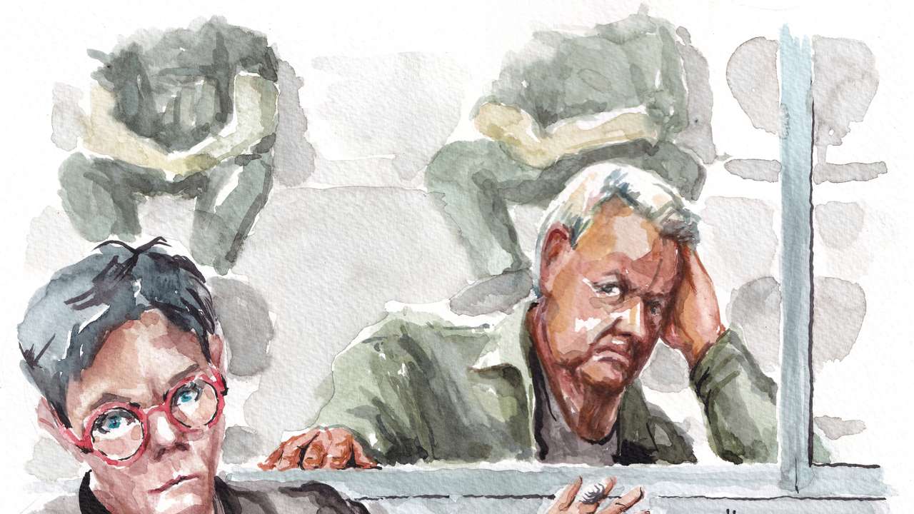 Courtroom sketch of Dominique Pelicot, who appears at the courthouse in Avignon