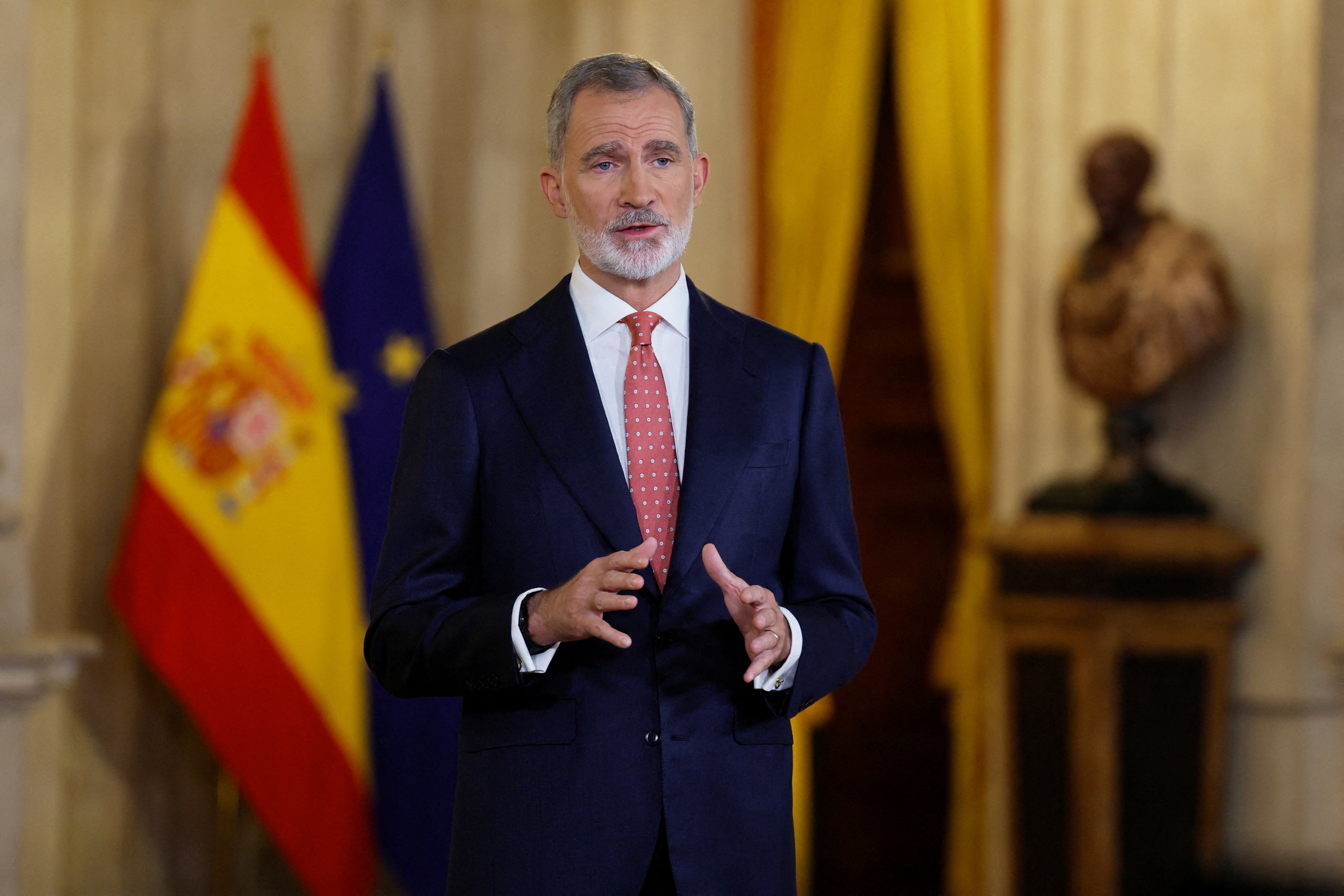 Spain's King Felipe VI delivers his traditional Christmas address at the Royal Palace in Madrid