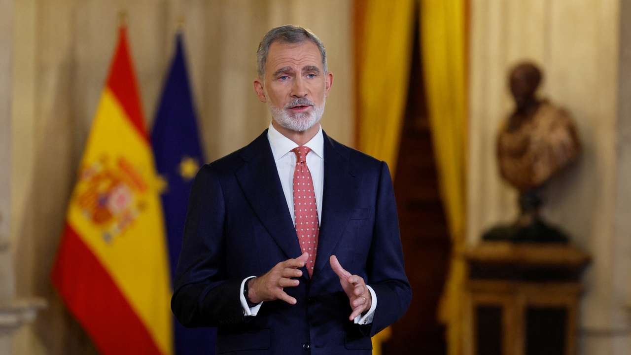 Spain's King Felipe VI delivers his traditional Christmas address at the Royal Palace in Madrid