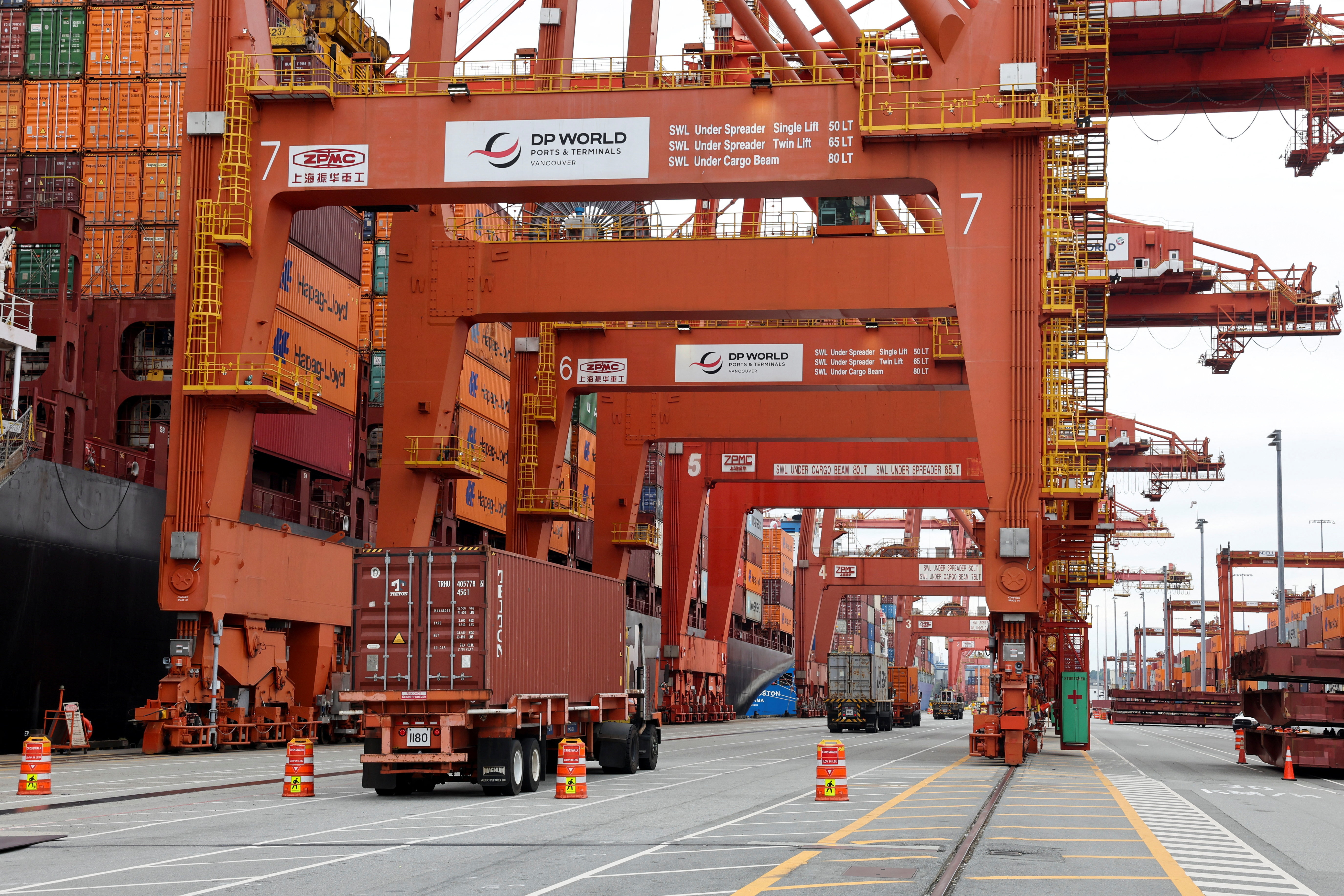 Cargo ship bound for Japan is moored at the Centerm container ship terminal at the Port of Vancouver
