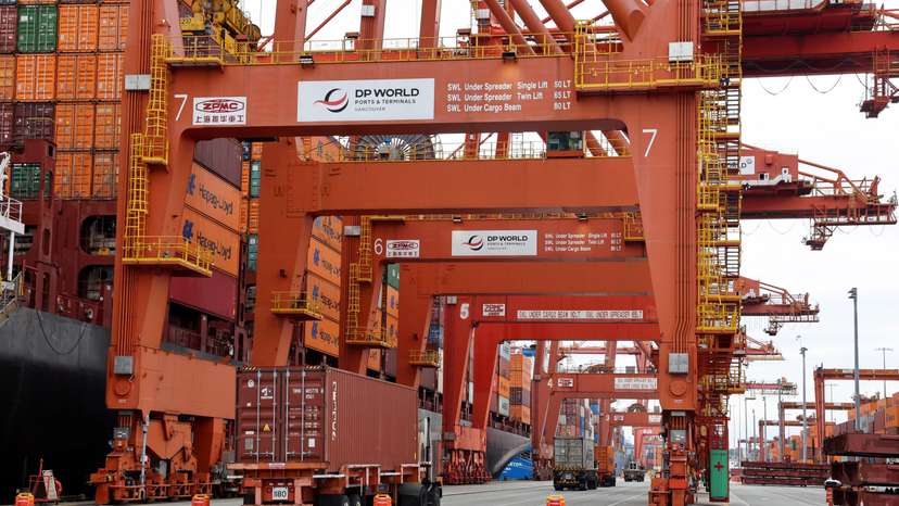 Cargo ship bound for Japan is moored at the Centerm container ship terminal at the Port of Vancouver