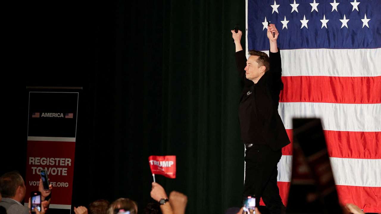 Tesla CEO and X owner Elon Musk speaks about voting during an America PAC Town Hall, in Folsom