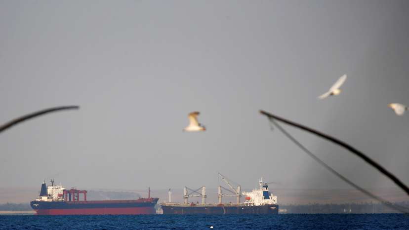 Container ships cross the Gulf of Suez towards the Red Sea before entering the Suez Canal, near Ismailia port city, northeast of Cairo