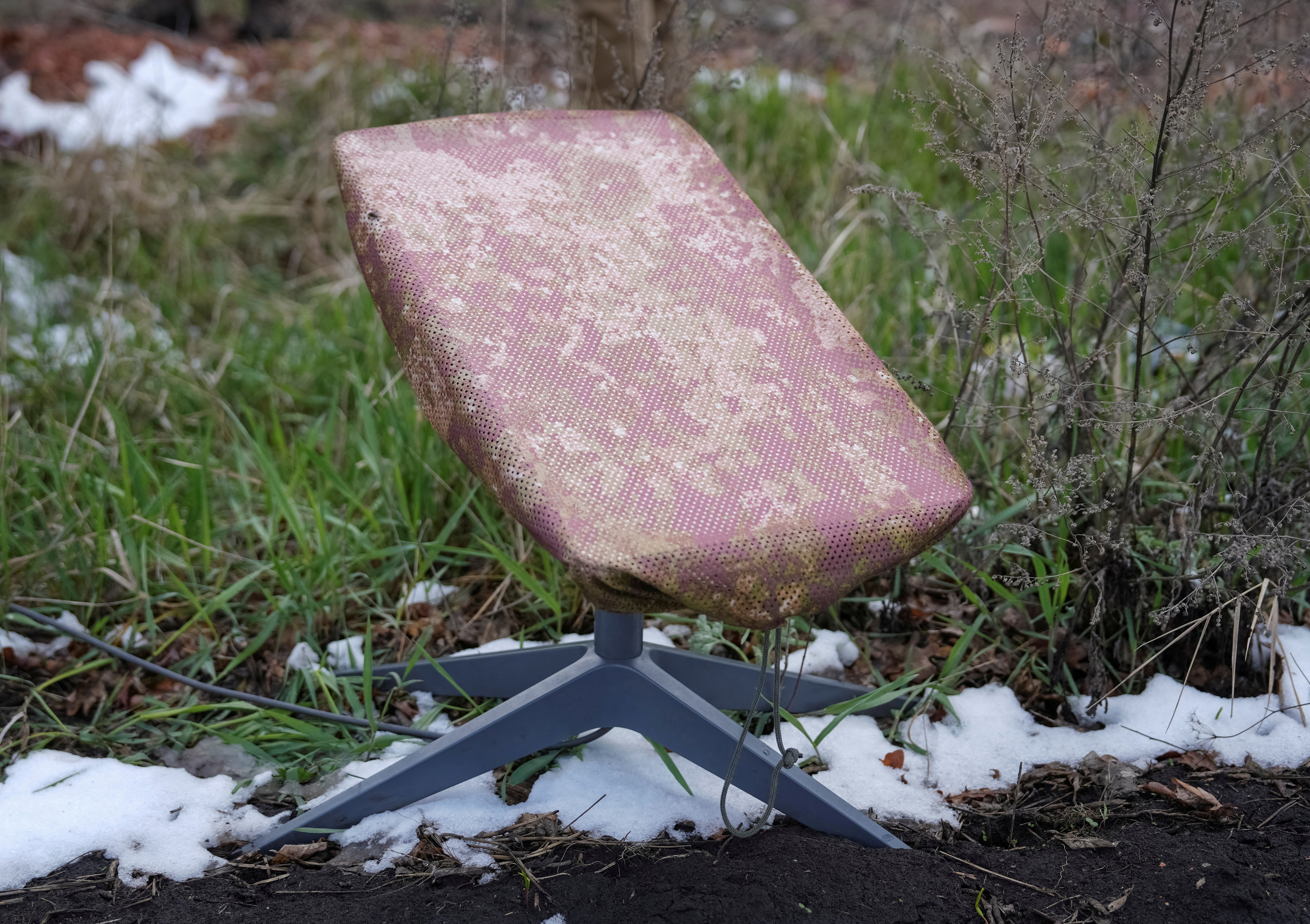 FILE PHOTO: A Starlink satellite internet system is set up near the frontline town of Pokrovsk