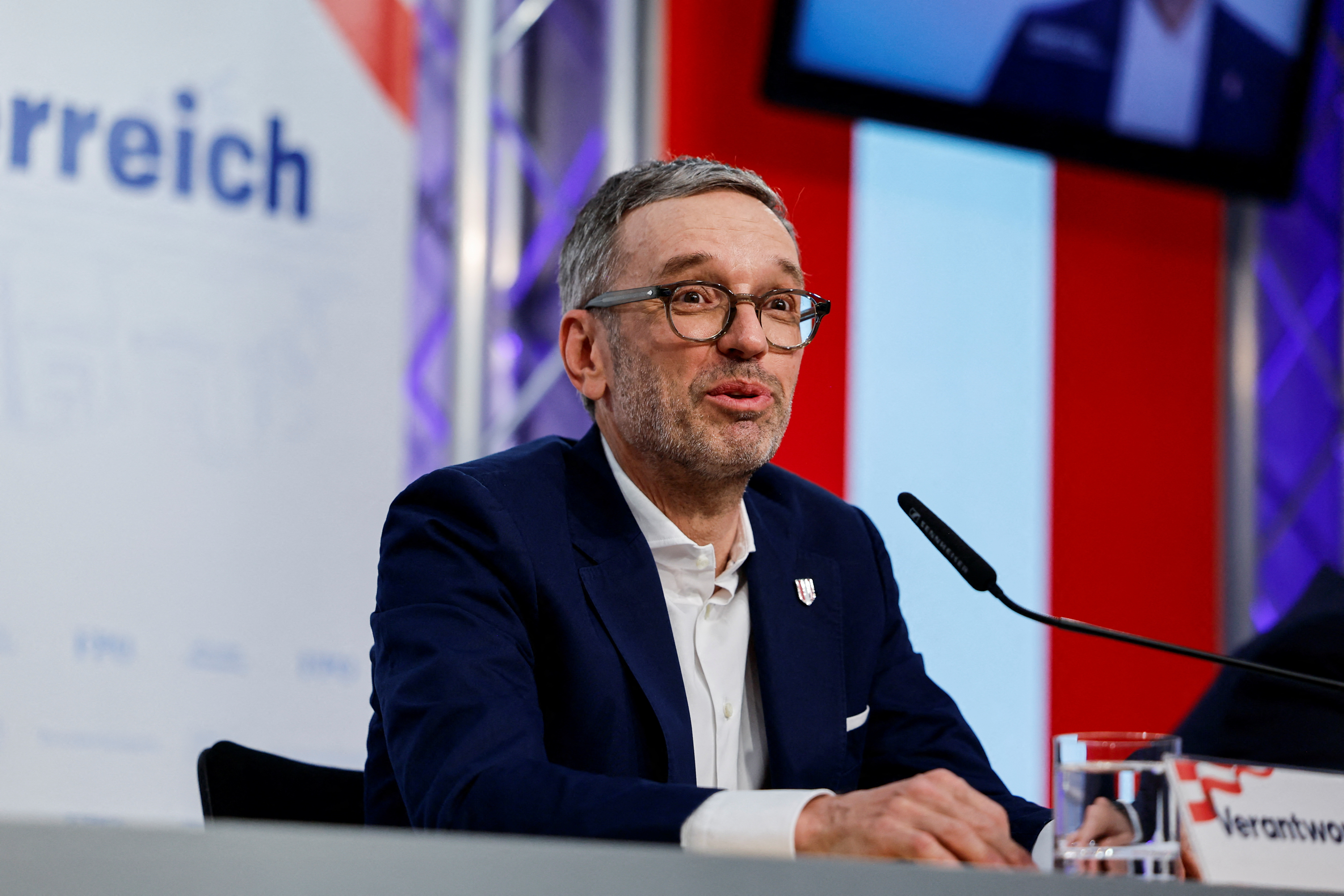 Freedom Party (FPOe) leader Herbert Kickl addresses the media in Vienna