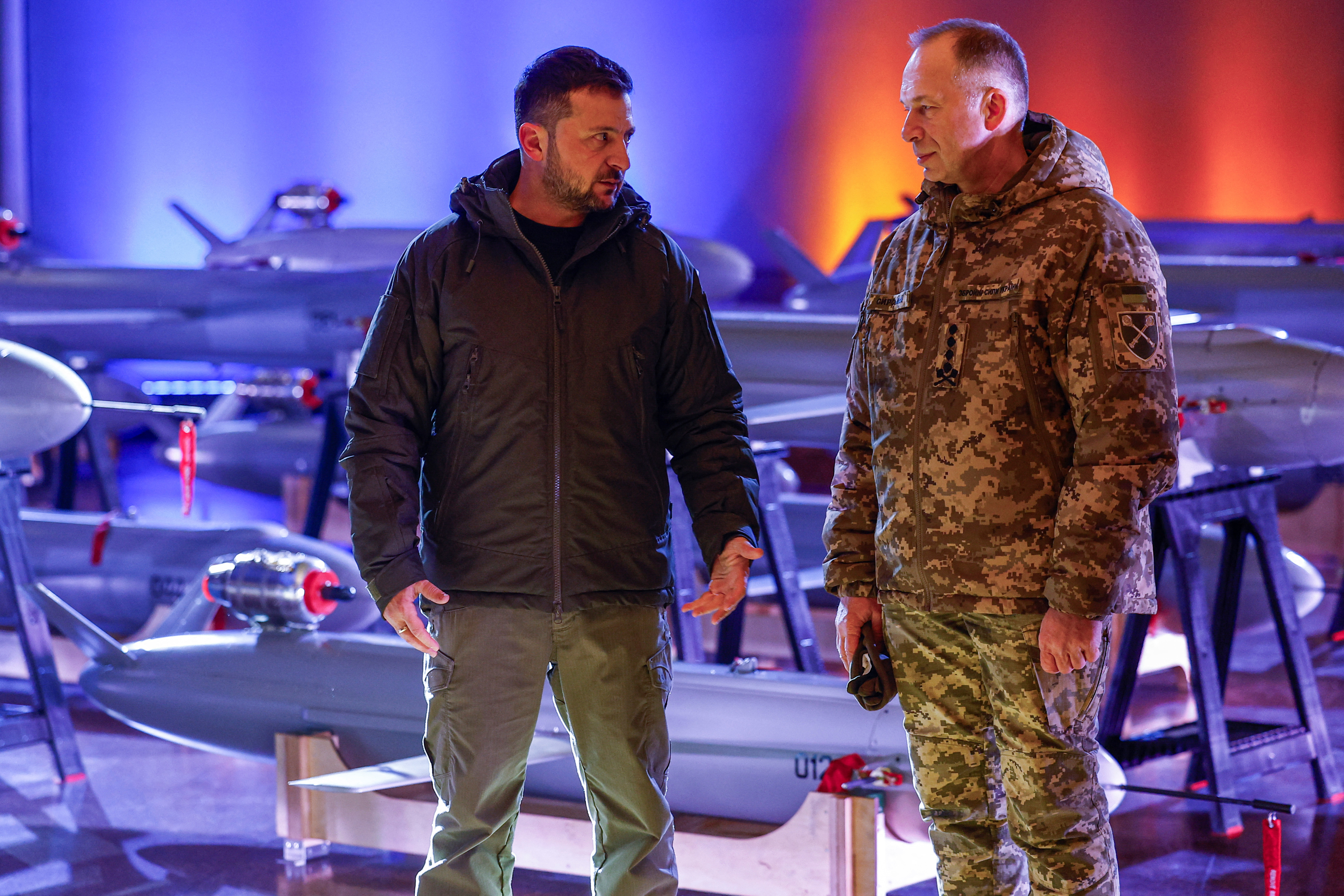 Ukraine's President Zelenskiy and Commander in Chief of the UAF Syrskyi visit an exhibition of new Ukrainian made drone-missiles Peklo in Kyiv