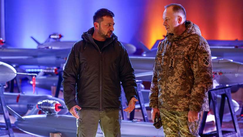 Ukraine's President Zelenskiy and Commander in Chief of the UAF Syrskyi visit an exhibition of new Ukrainian made drone-missiles Peklo in Kyiv