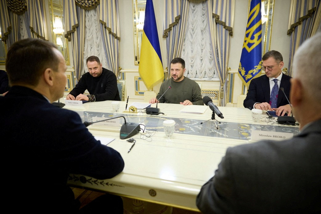 Ukraine's Zelenskiy welcomes Polish FM Sikorski attend a meeting in Kyiv