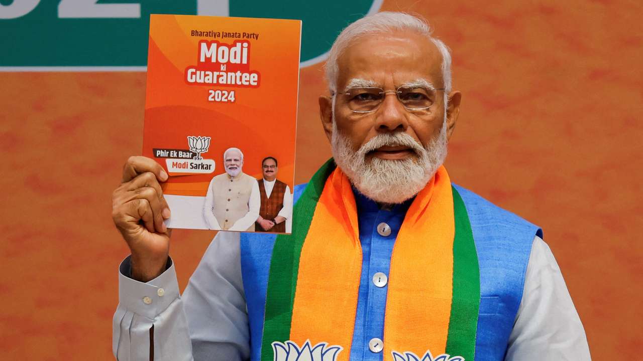 Indian PM Modi presents BJP election manifesto, in New Delhi