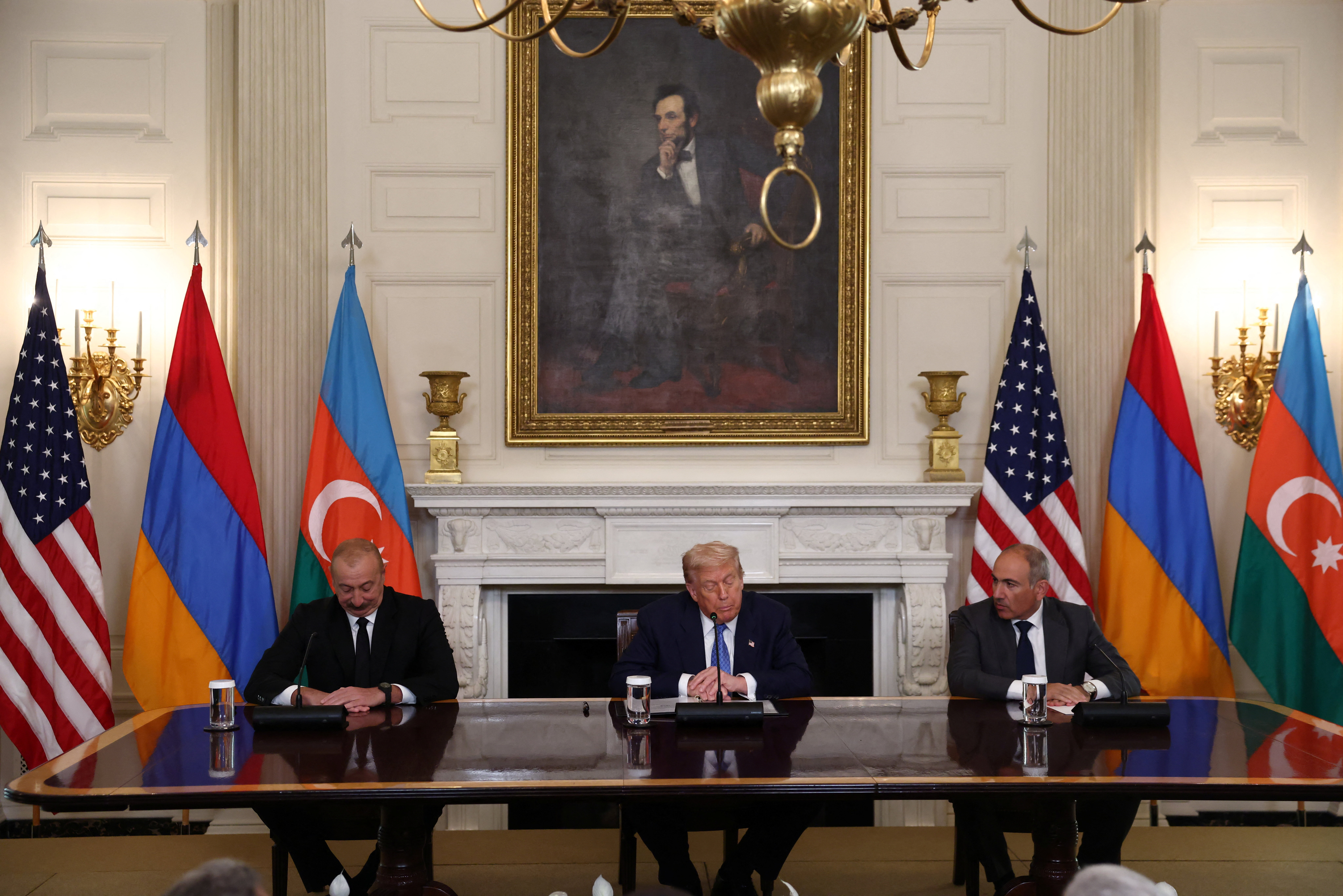 U.S. President Trump participates in a trilateral signing with Armenia's PM Pashinyan and Azerbaijan's President Aliyev, in Washington, D.C.
