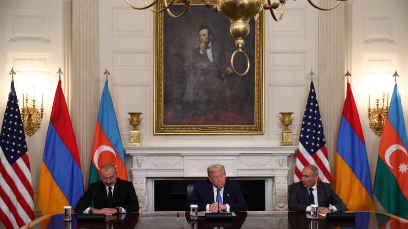 U.S. President Trump participates in a trilateral signing with Armenia's PM Pashinyan and Azerbaijan's President Aliyev, in Washington, D.C.