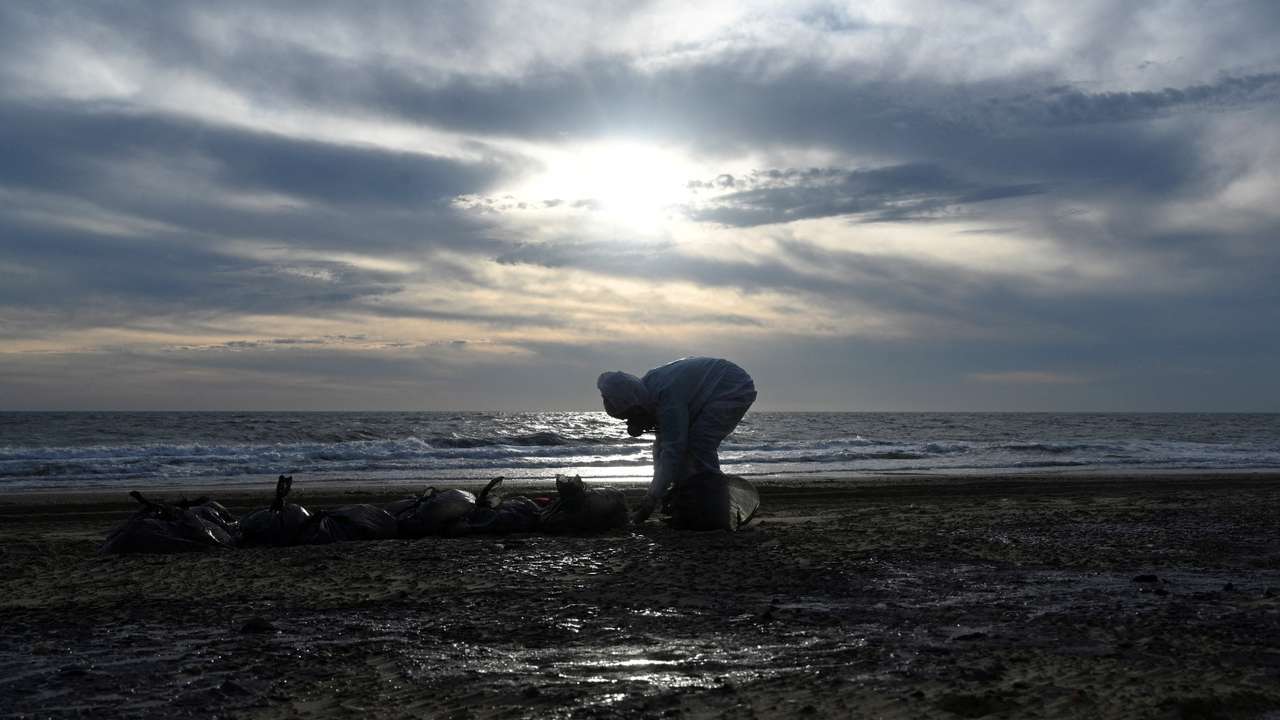 FILE PHOTO: Volunteers battle to clear spilled oil on Russia's Black Sea coast