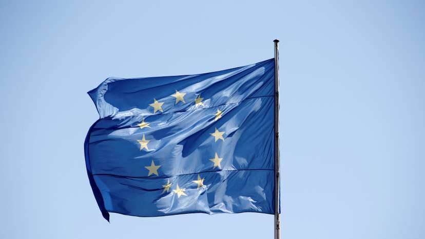 FILE PHOTO: The European Union (EU) flag is seen on a sunny day at the Chancellery in Berlin
