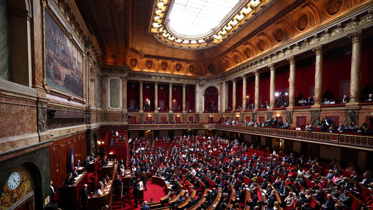 A general view shows MPs and Senators during the convocation of a congress of both houses of parliament in Versailles