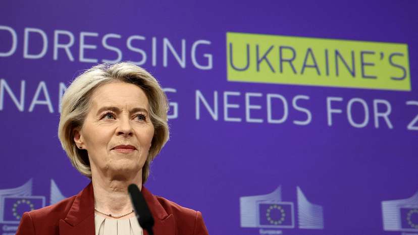 EU Commission President Von der Leyen and EU Commissioner for Economy Dombrovskis hold a press conference addressing Ukraine's financing needs for 2026-2027