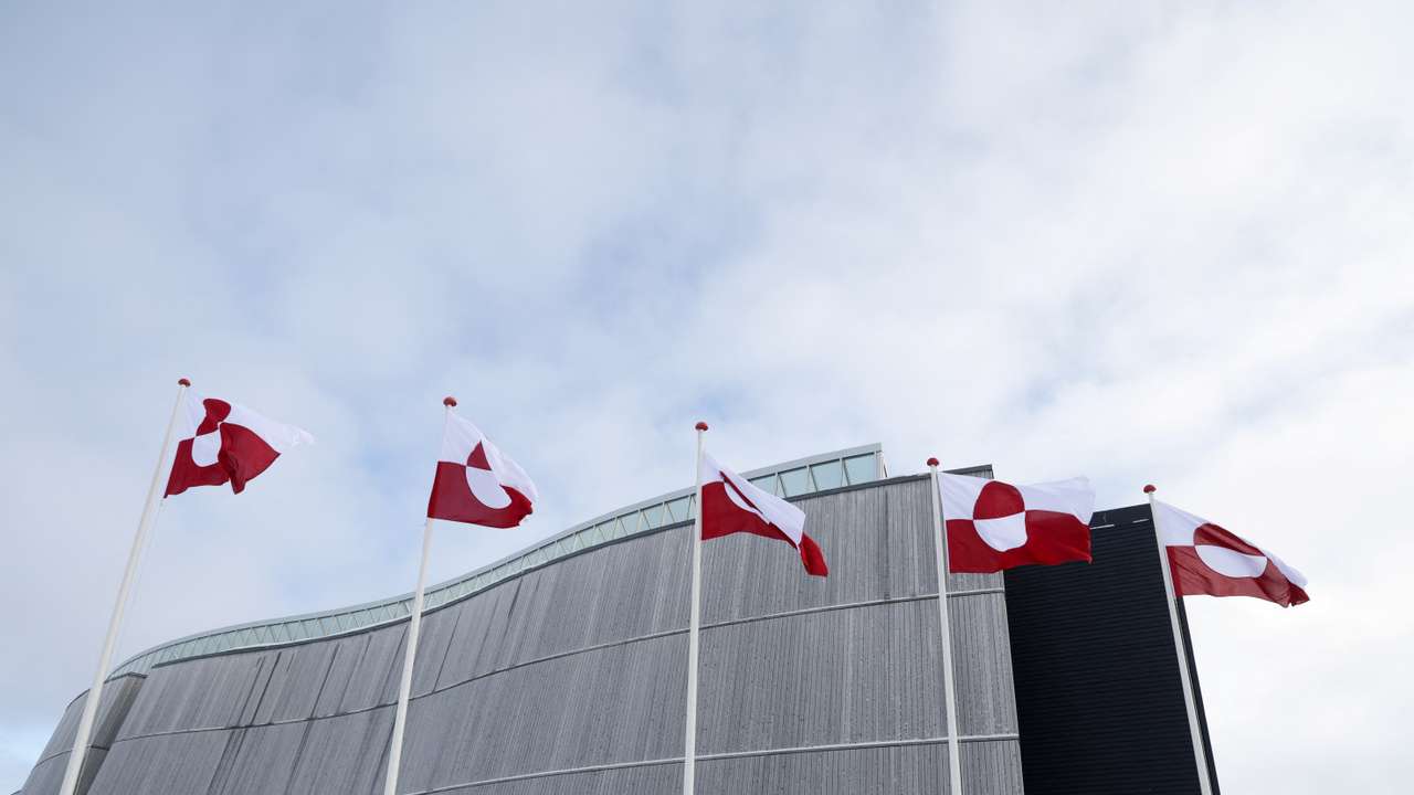 Flags of Greenland fly outside Katuaq Cultural Center in Nuuk