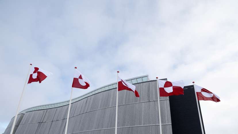 Flags of Greenland fly outside Katuaq Cultural Center in Nuuk