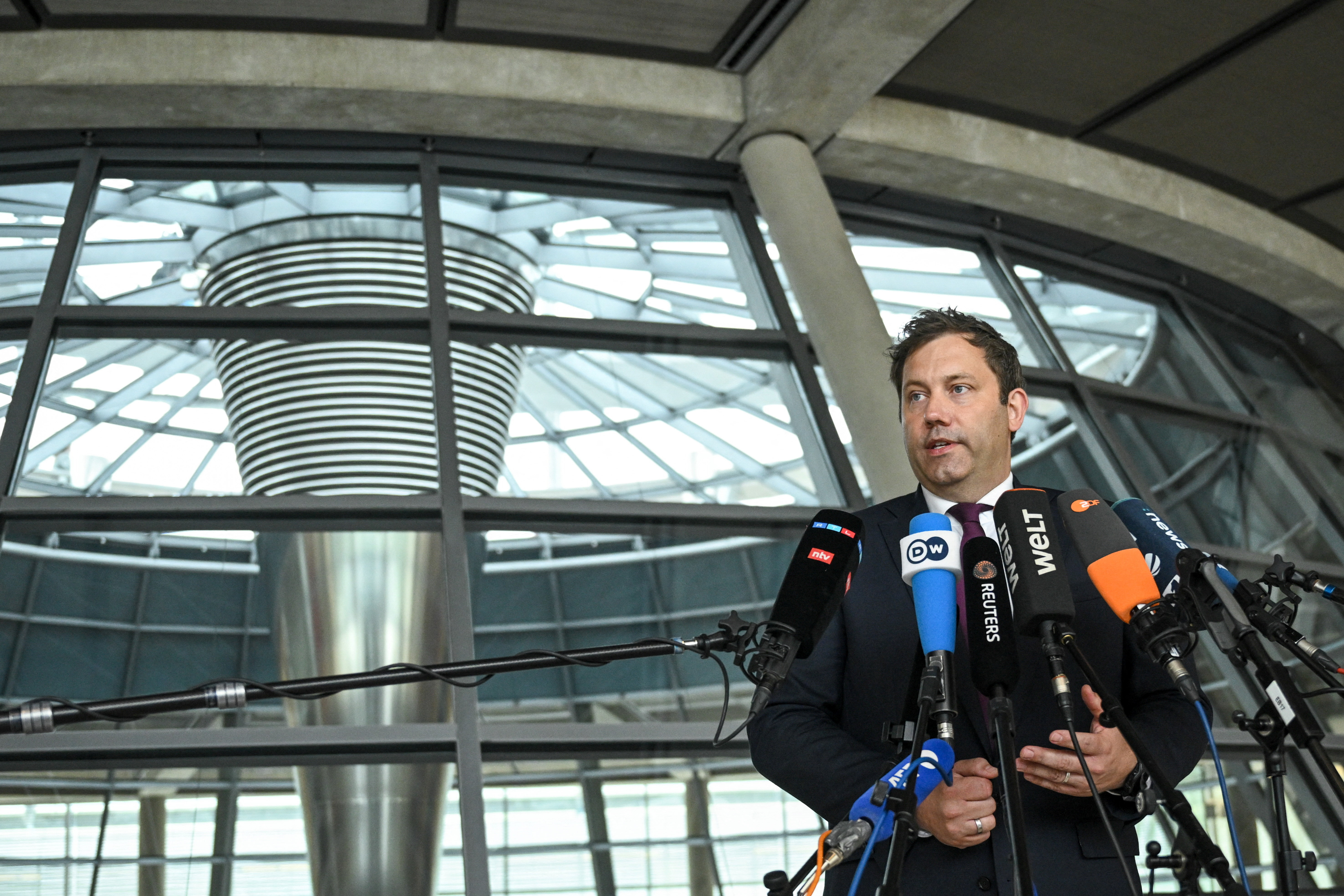 German Finance Minister Klingbeil speaks to media in a press statement in Berlin