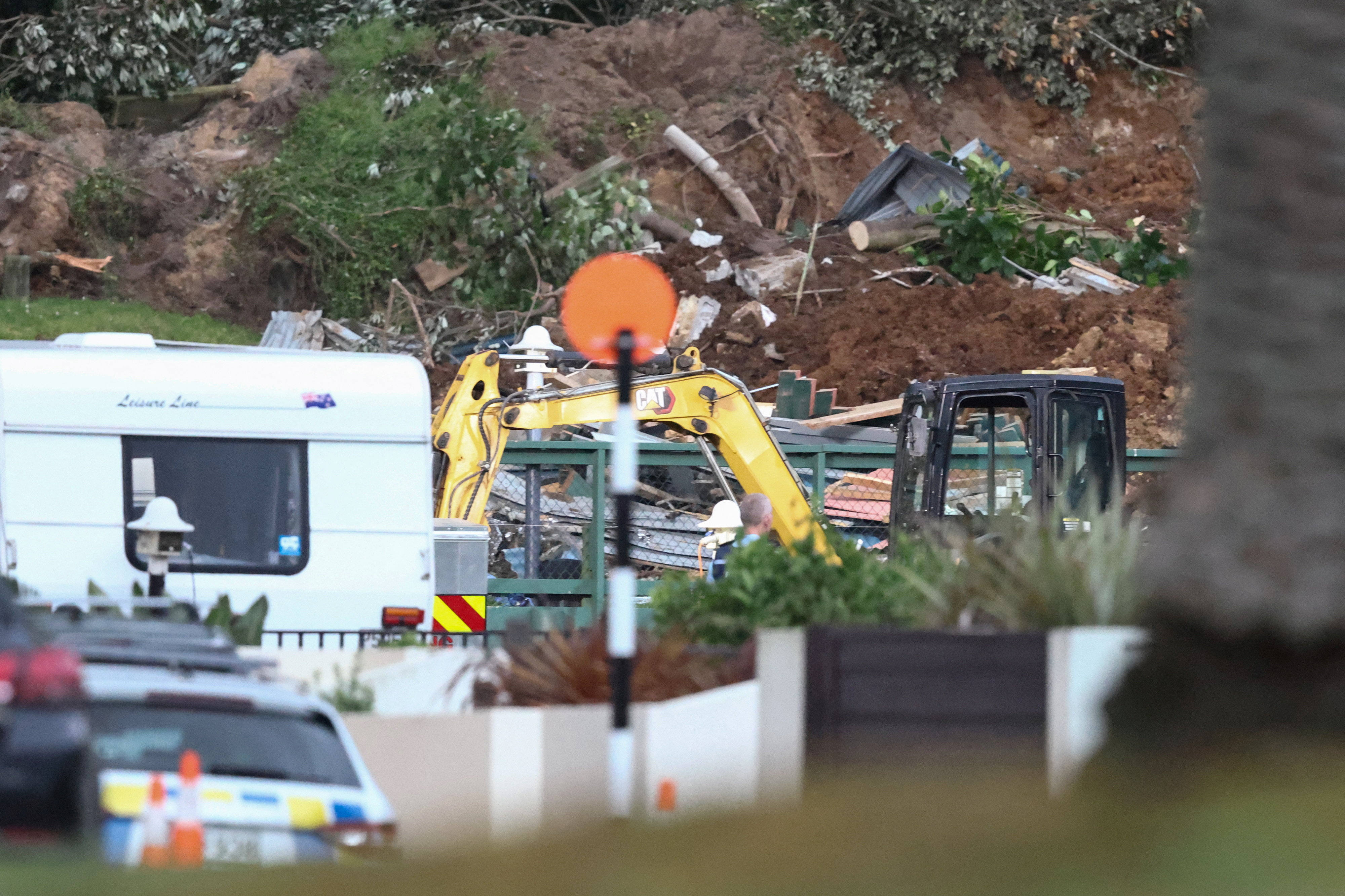 Aftermath of a landslide triggered by heavy rains, in Mount Maunganui