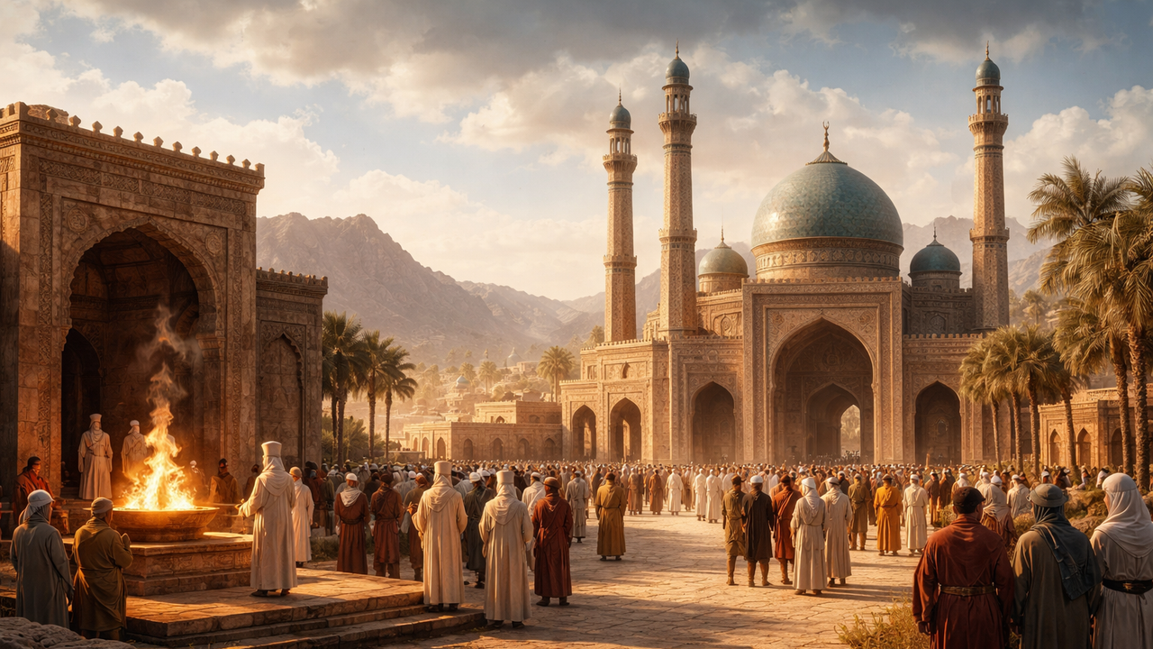 illustration depicting Iran’s religious transformation from Zoroastrianism to Islam, showing a traditional fire temple with a sacred flame in the foreground and a grand mosque with domes and minarets in the background, symbolising the historical shift from ancient Persian beliefs to Islamic governance and culture.