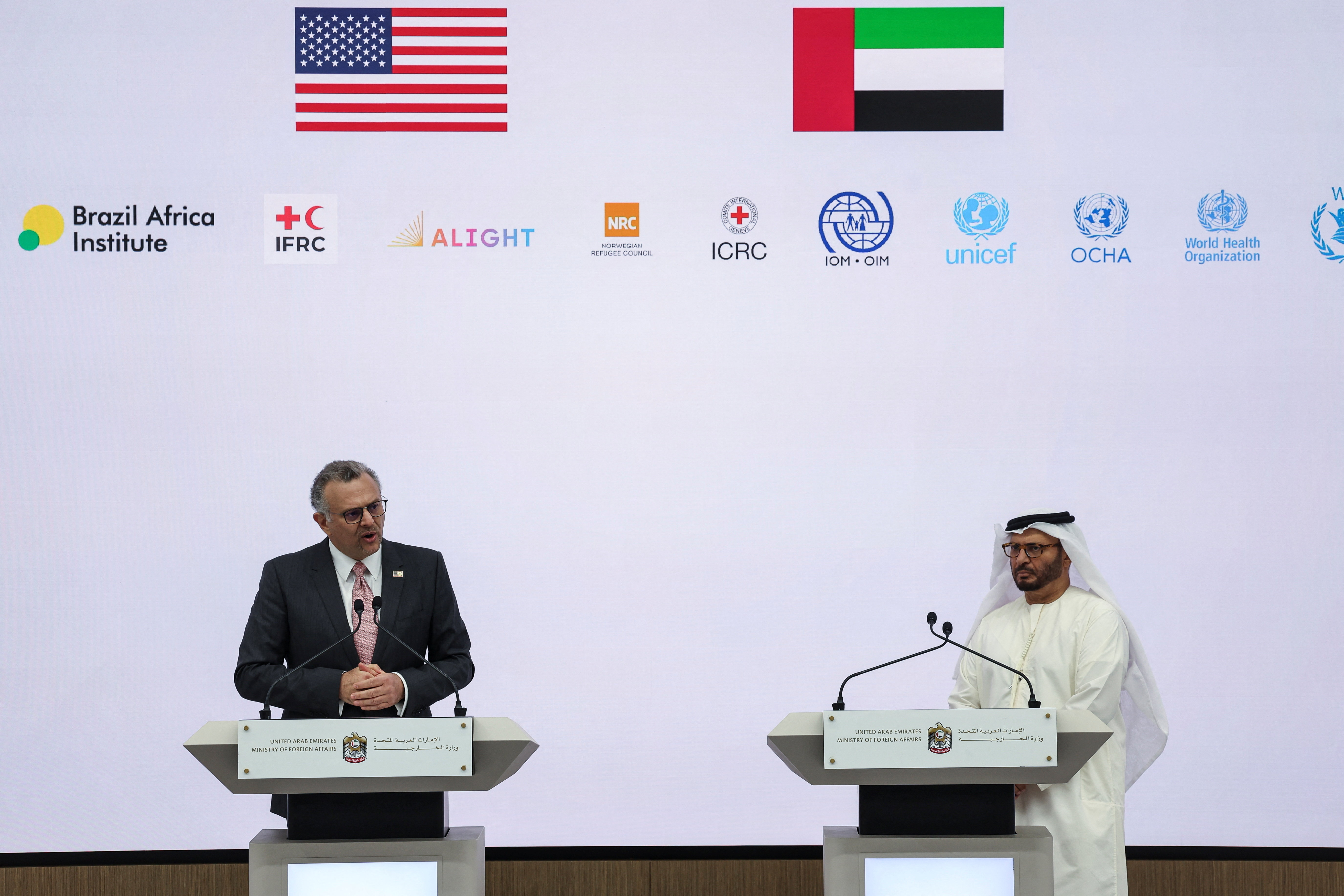 Diplomatic advisor to the UAE president, Anwar Gargash, stands as U.S. Senior Advisor for Arab and African Affairs, Massad Boulos, speaks during a press conference on the ongoing conflict in Sudan, in Abu Dhabi
