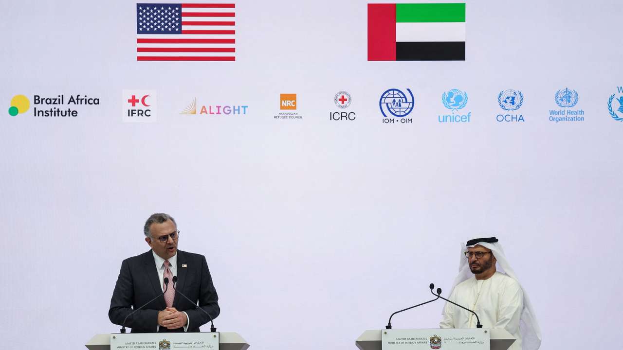 Diplomatic advisor to the UAE president, Anwar Gargash, stands as U.S. Senior Advisor for Arab and African Affairs, Massad Boulos, speaks during a press conference on the ongoing conflict in Sudan, in Abu Dhabi