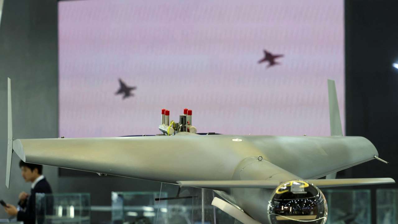Jabbar 150, an Egyptian drone manufactured by Amstone International Group, is displayed at the Egypt Defence Expo (EDEX), in Cairo