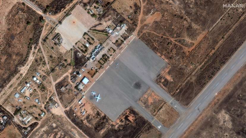 A satellite image shows two UAVs and a newly constructed hangar near the airstrip at the Nyala airport