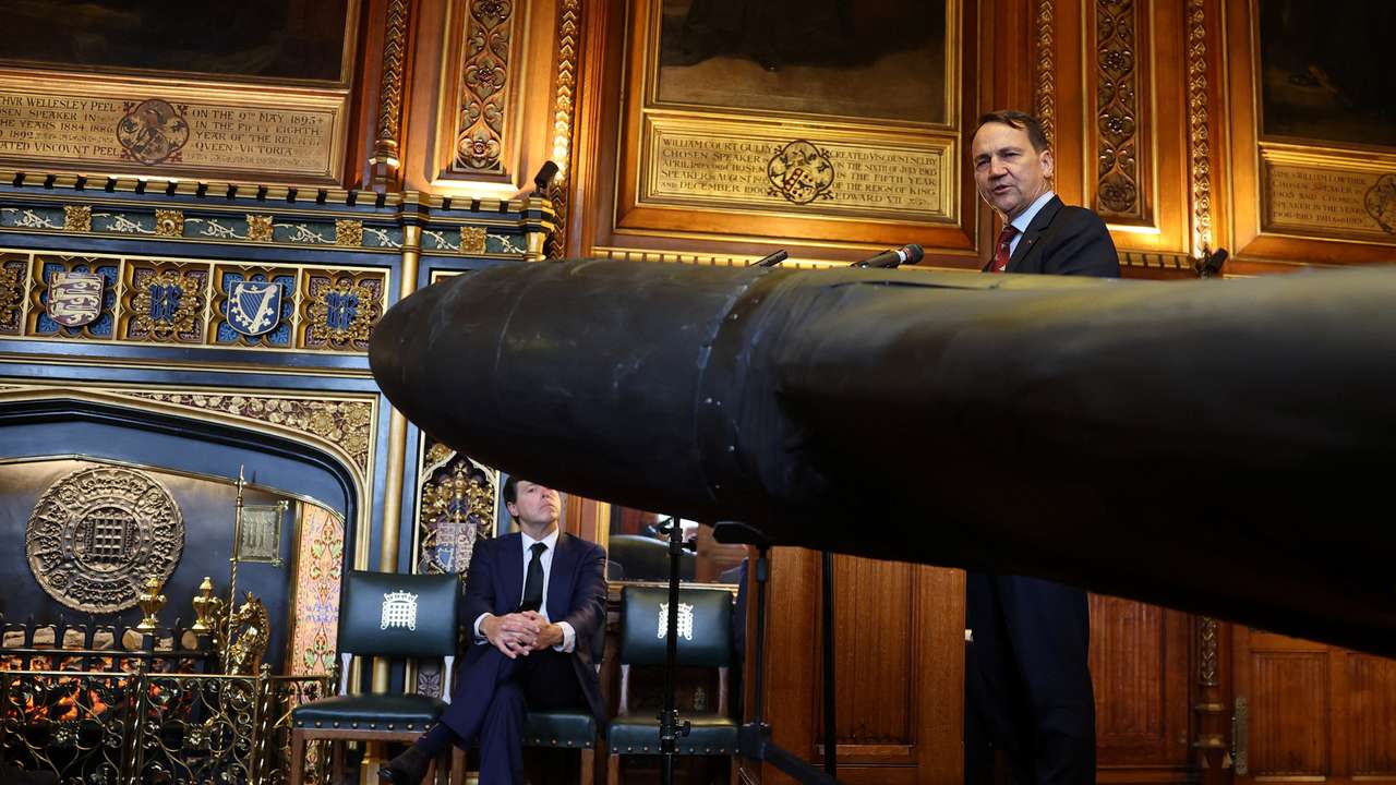 Shahed-136 drone used by Russia and believed to be built in Iran during event organised by UANI in Houses of Parliament in London