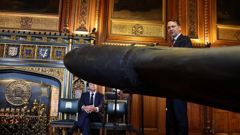 Shahed-136 drone used by Russia and believed to be built in Iran during event organised by UANI in Houses of Parliament in London