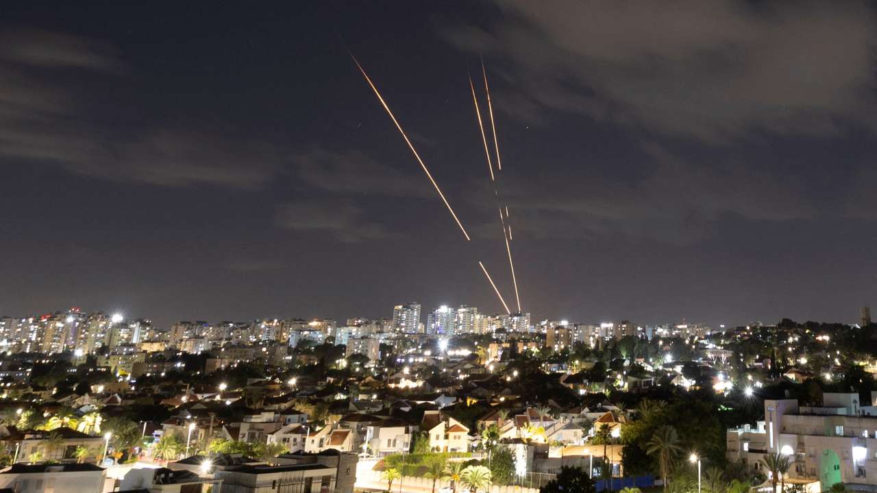 Israel's Iron Dome anti-missile system intercepts rockets, as seen from Ashkelon