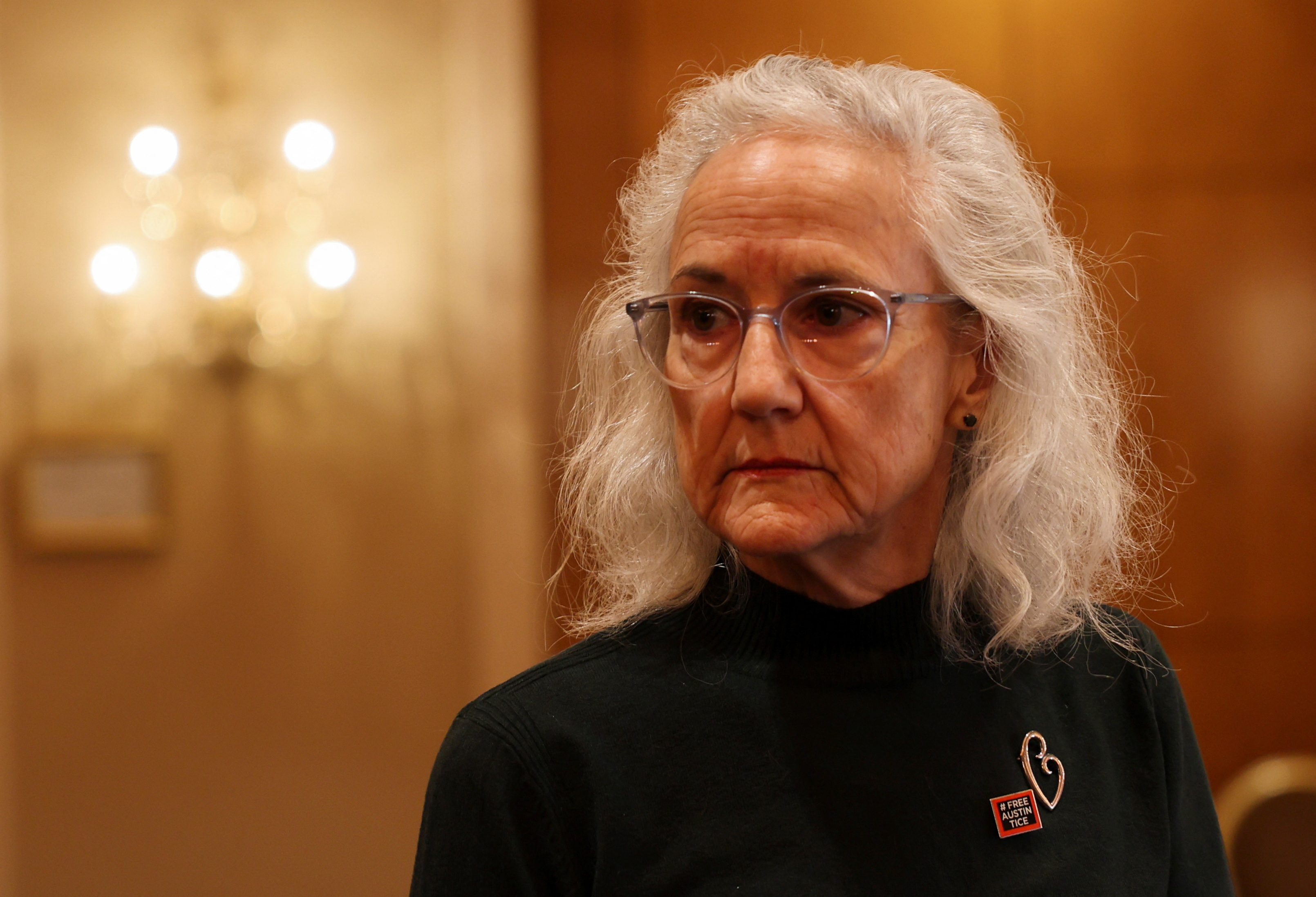 Debra Tice, mother of journalist Austin Tice stands before attending a press conference in Damascus