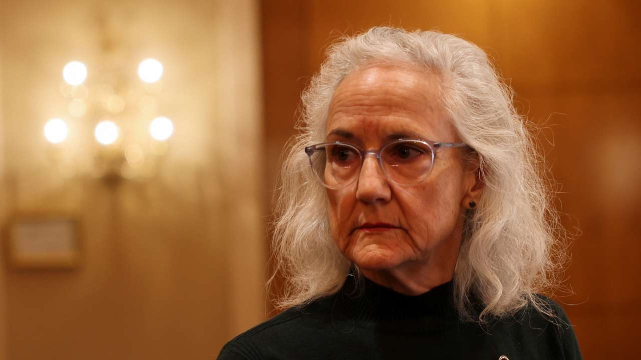 Debra Tice, mother of journalist Austin Tice stands before attending a press conference in Damascus