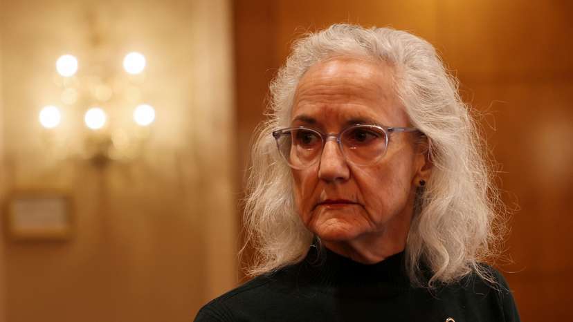 Debra Tice, mother of journalist Austin Tice stands before attending a press conference in Damascus