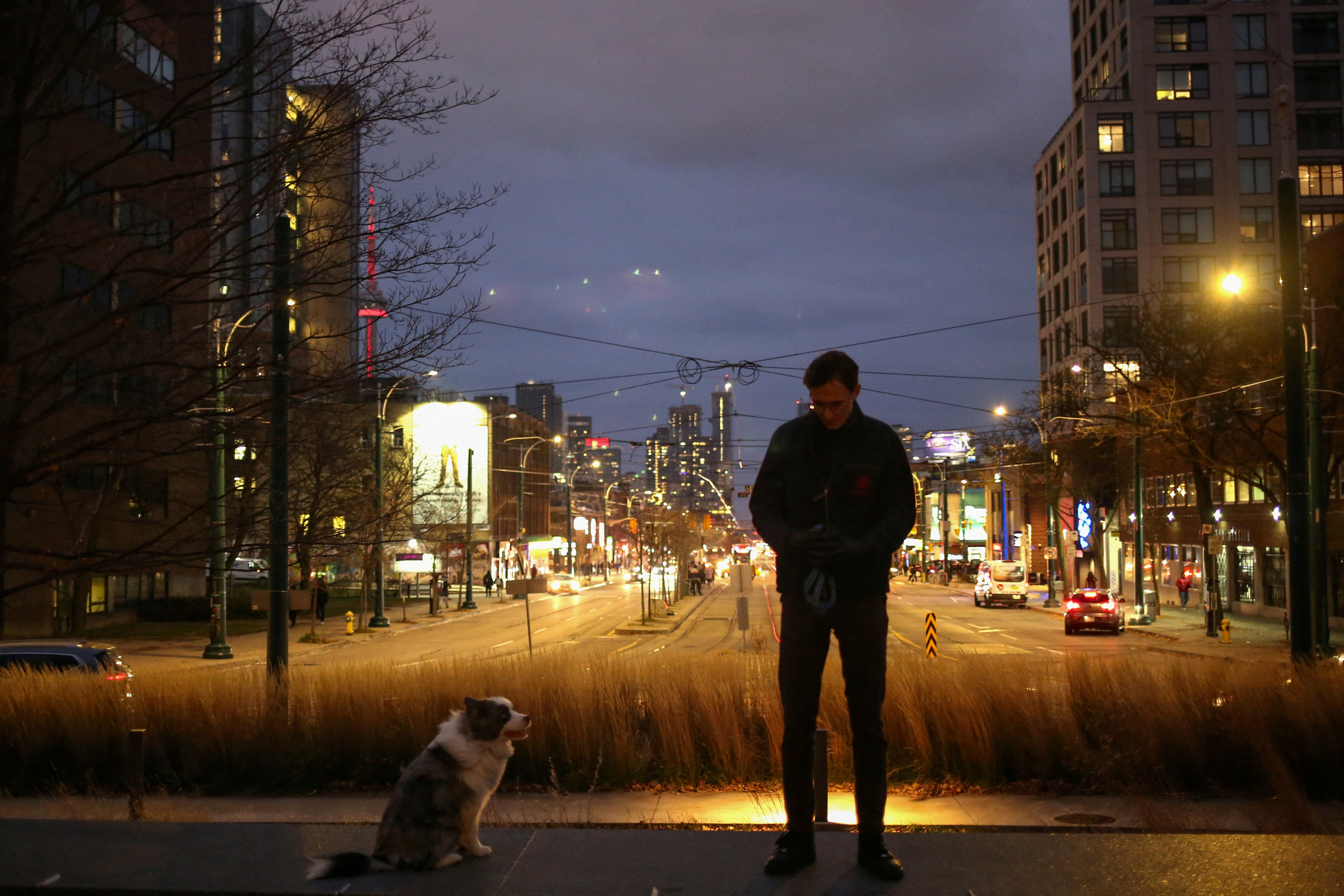 Justinas Stankus walks his dog in Toronto