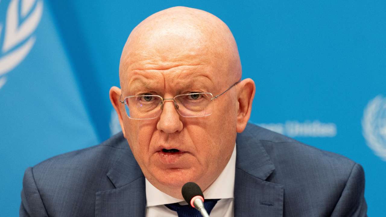 Russia's Ambassador to the United Nations Vassily Nebenzia speaks during a press conference