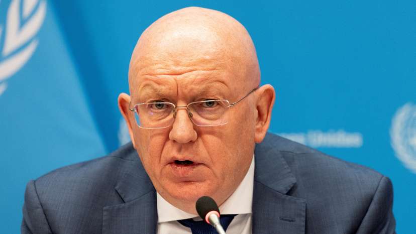 Russia's Ambassador to the United Nations Vassily Nebenzia speaks during a press conference