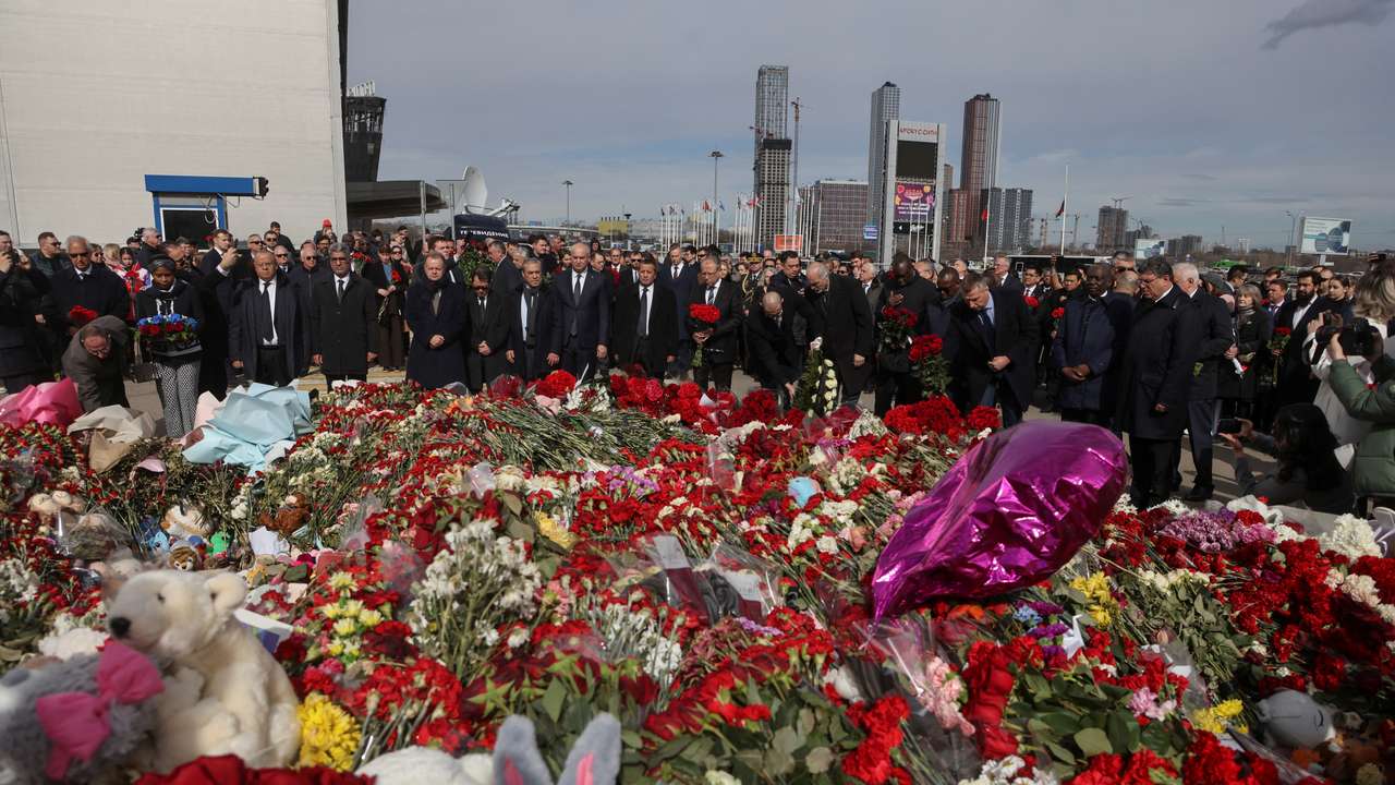 Ambassadors of foreign diplomatic missions lay flowers at the memorial for the victims of the attack at Crocus City Hall