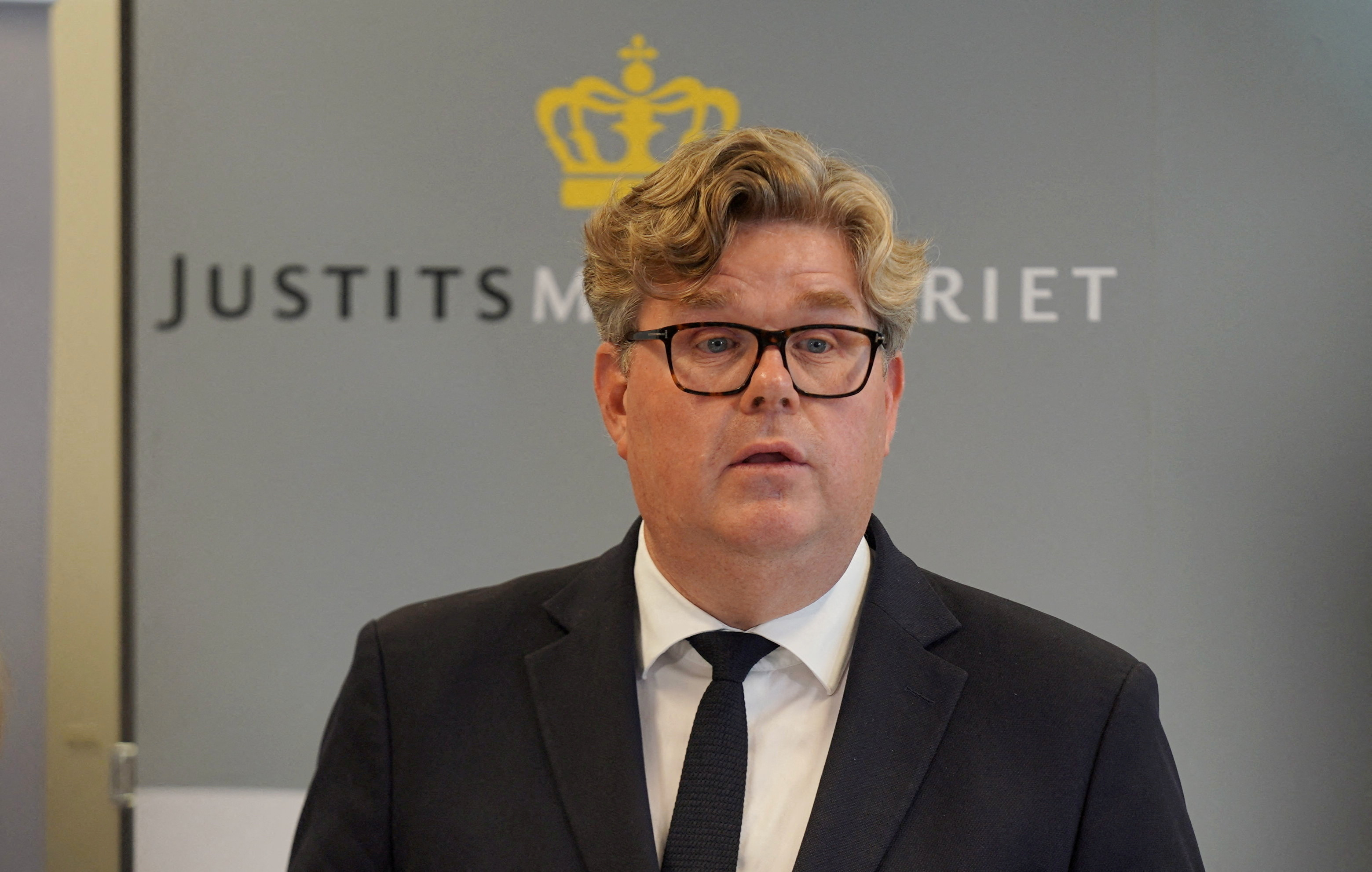 FILE PHOTO: Swedish Justice Minister Gunnar Strommer speaks during a press conference in Copenhagen