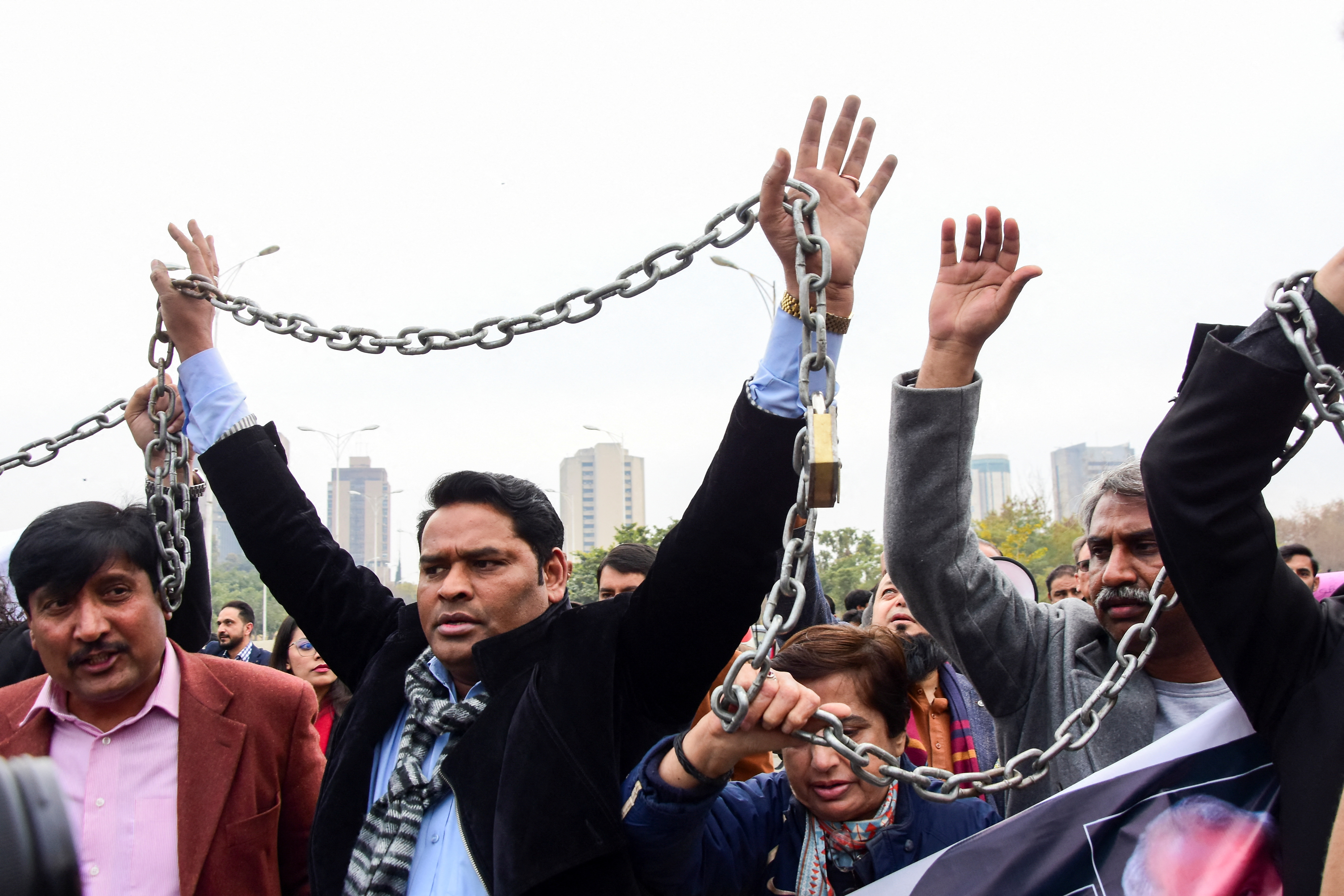 Journalists rally against what they call, curbing press freedom and controlling the digital landscape, during a protest in Islamabad