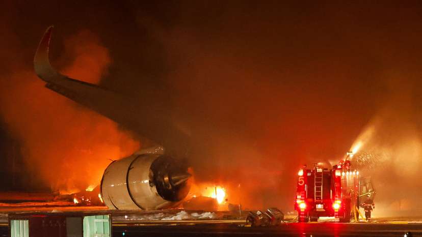 Japan Airlines' A350 airplane on fire at Haneda International Airport in Tokyo