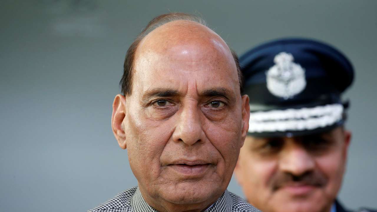 India's Defence Minister Rajnath Singh attends during a ceremony for the delivery of the first Rafale fighter to the Indian Air Force in Merignac