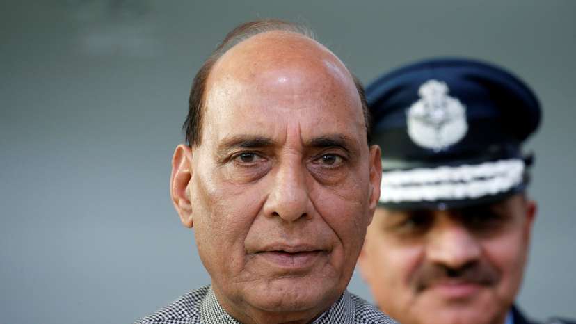 India's Defence Minister Rajnath Singh attends during a ceremony for the delivery of the first Rafale fighter to the Indian Air Force in Merignac